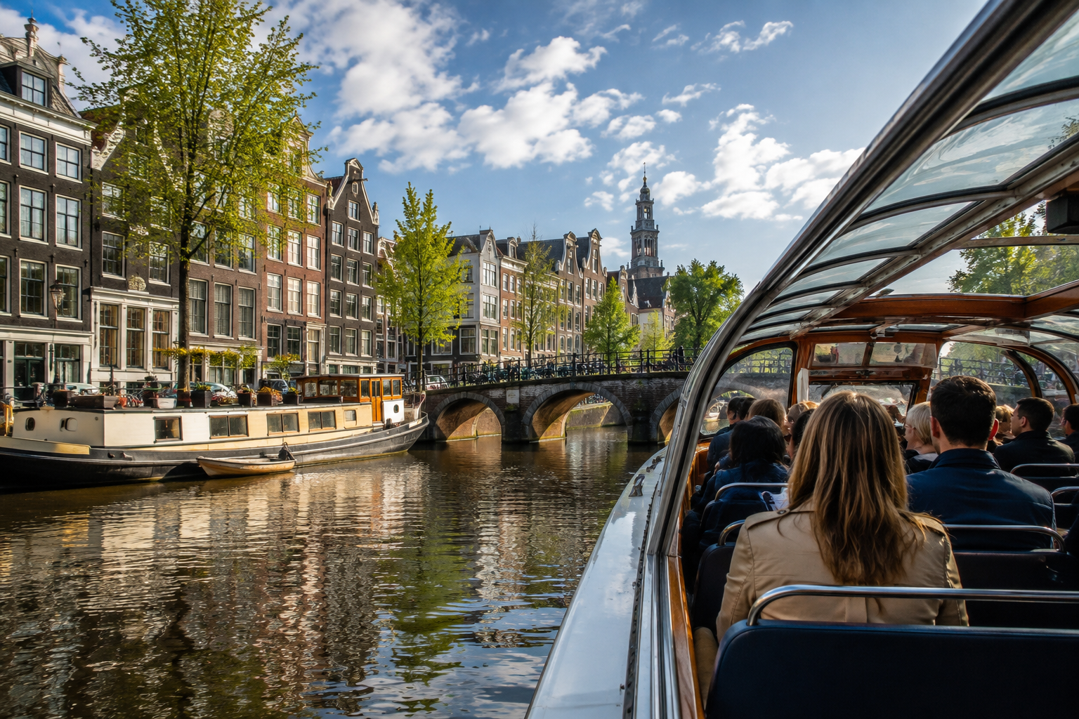 View from an Amsterdam canal cruise boat passing historic canal houses and an arched bridge from water level.