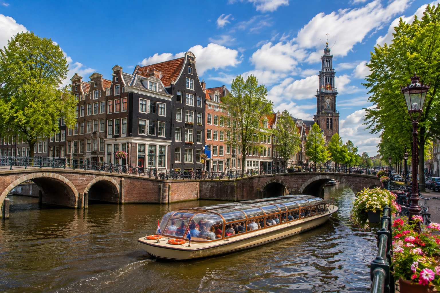Covered Amsterdam sightseeing canal cruise passing historic canal houses and bridges on a sunny day.