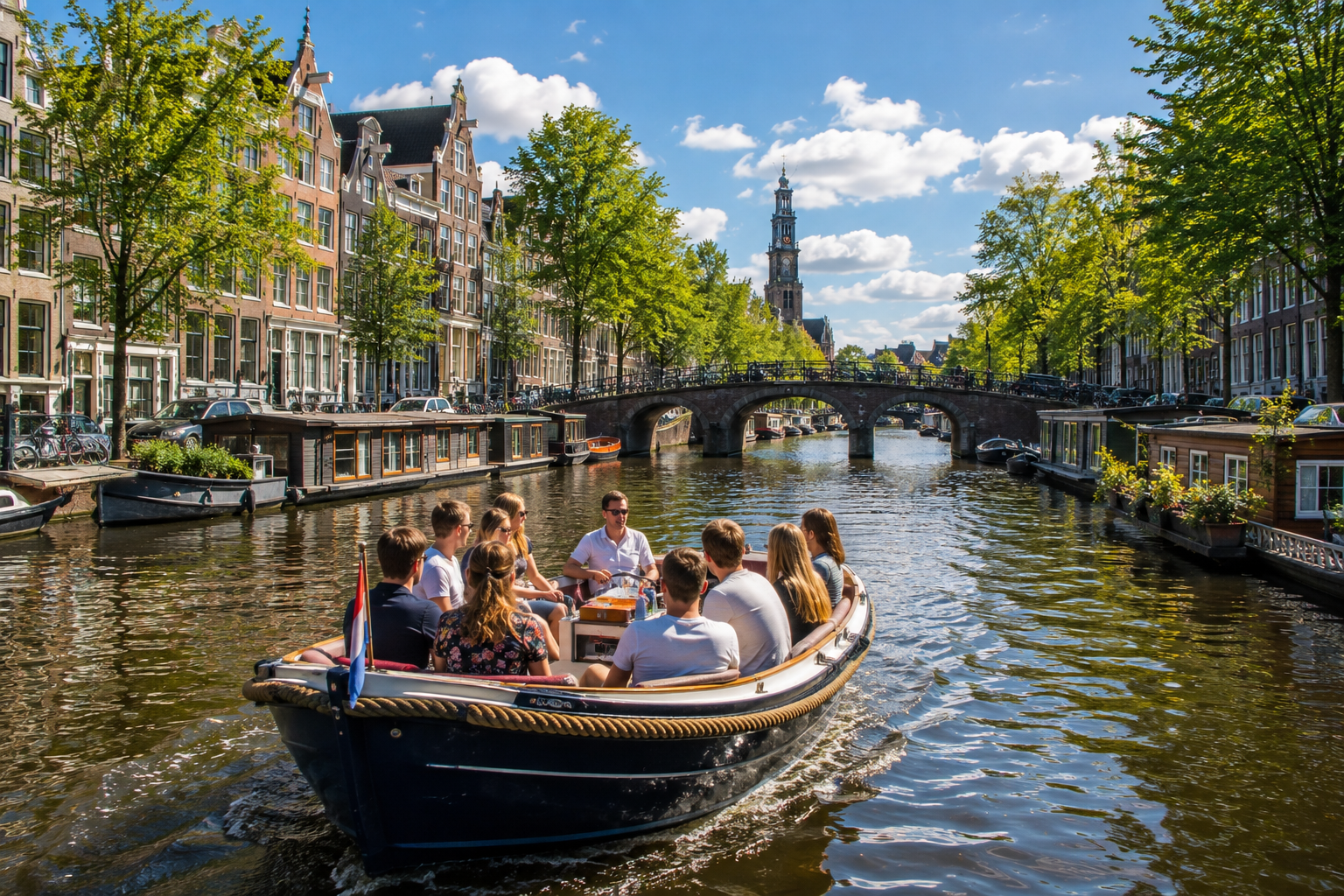 Small open boat canal cruise in Amsterdam passing historic canal houses and bridges on a sunny day.