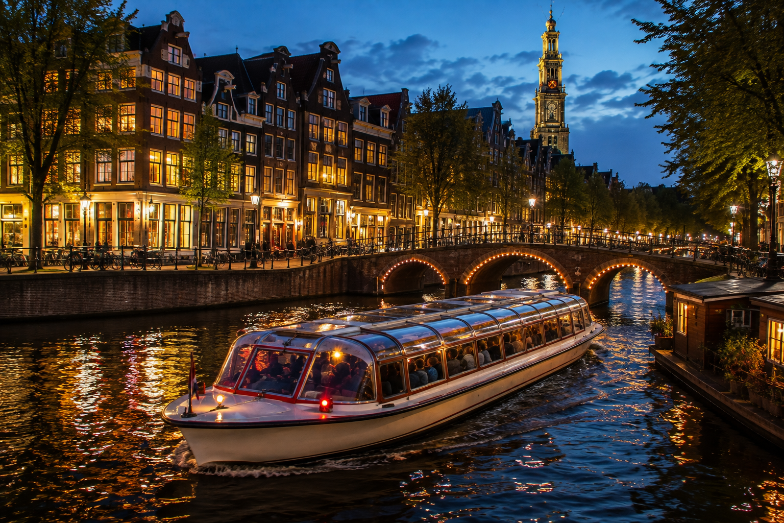 Evening canal cruise in Amsterdam passing illuminated historic canal houses and bridges reflected on the water.