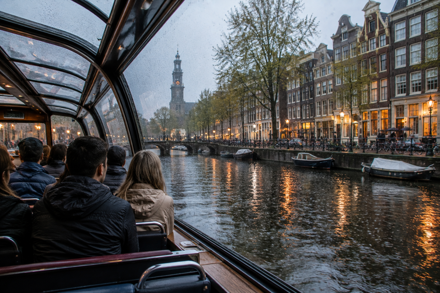 Passengers enjoying an Amsterdam canal cruise inside a covered glass boat on a rainy day.
