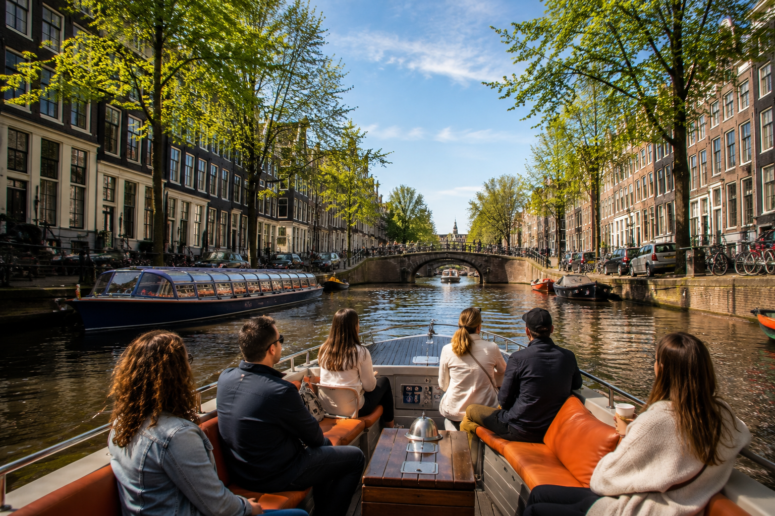 Passengers enjoying a small live-guided Amsterdam canal cruise past historic canal houses and bridges.