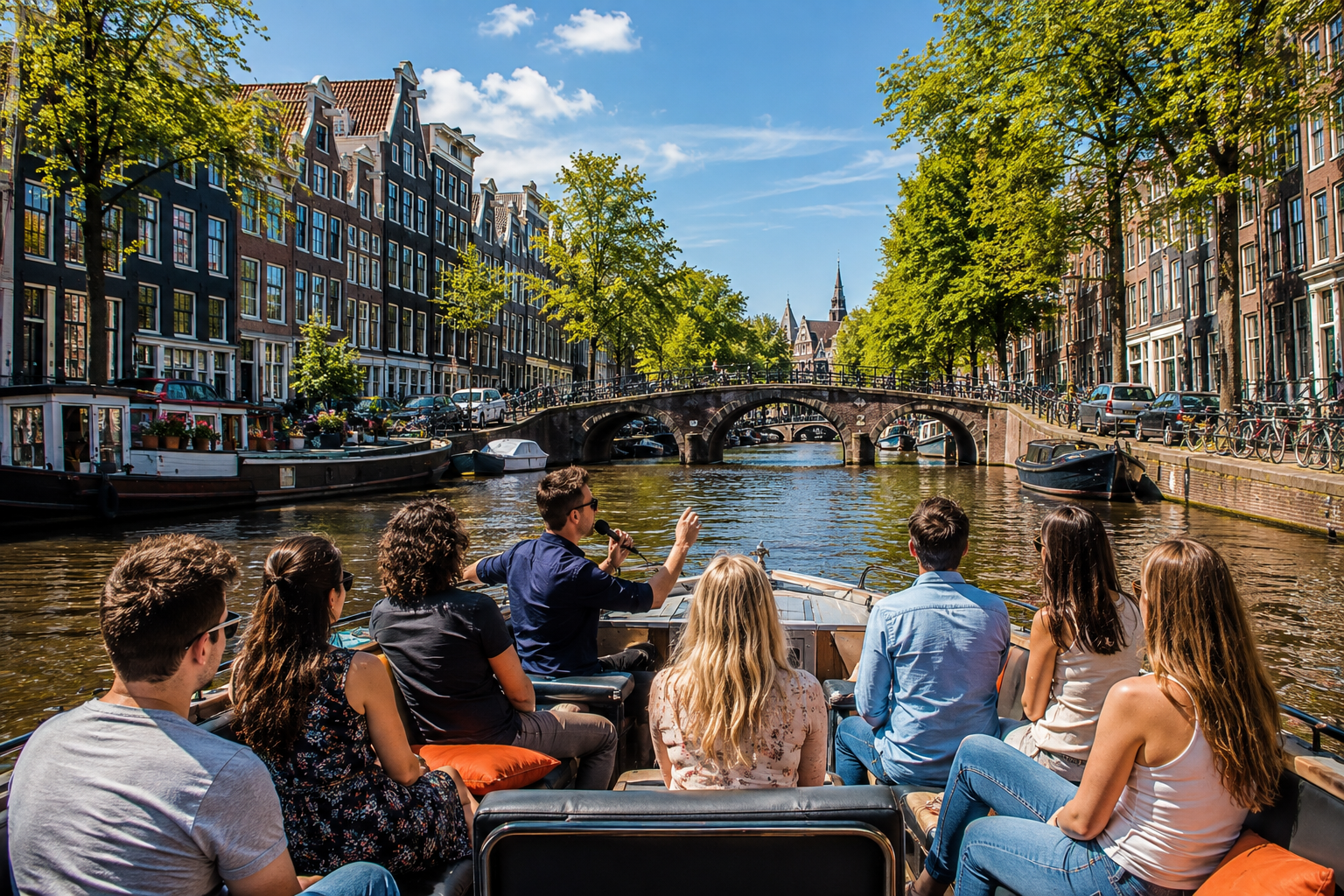 Open boat canal cruise in Amsterdam with passengers viewing historic canal houses and arched bridges on a sunny day.