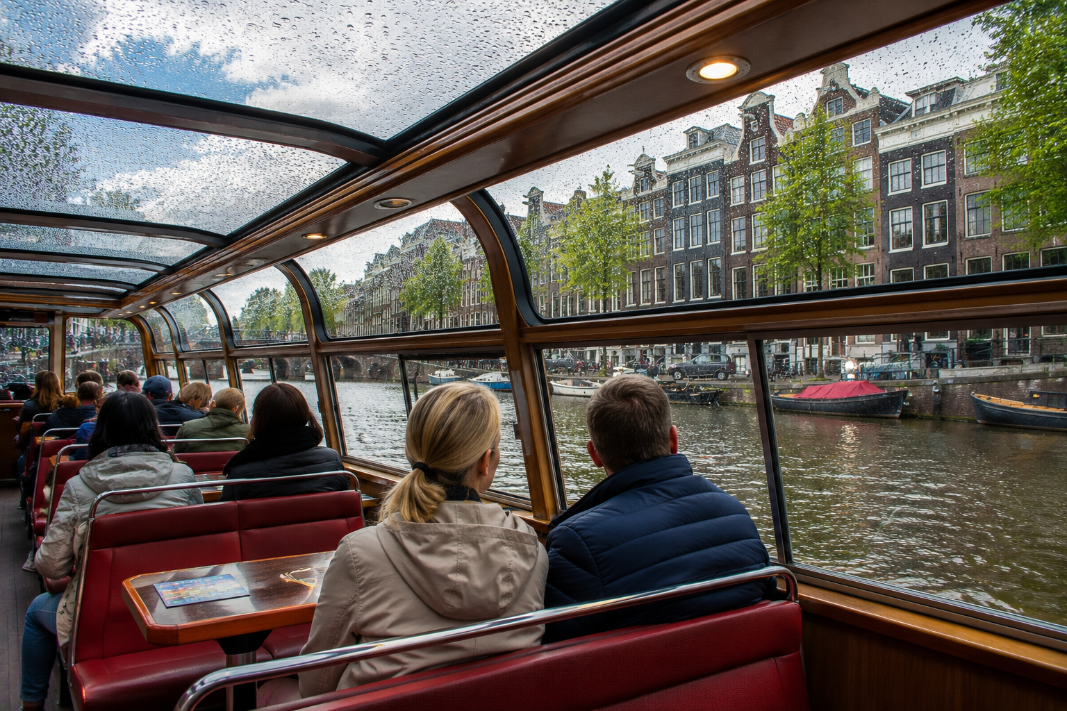 Passengers inside a covered Amsterdam canal cruise boat sightseeing through rain-speckled windows.