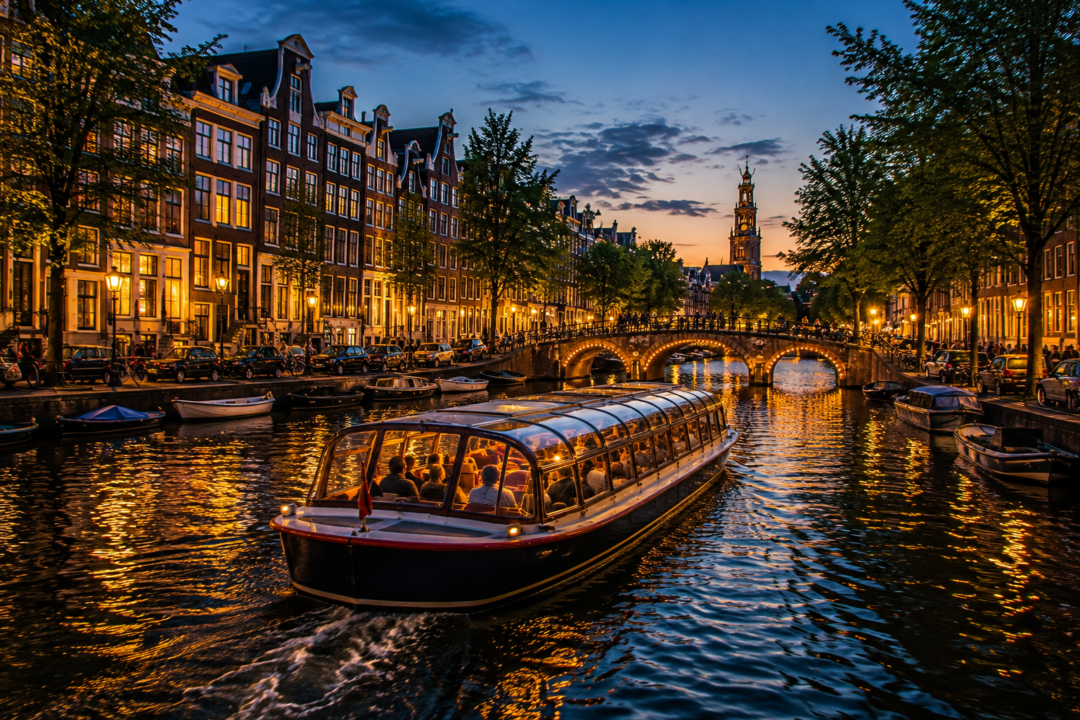 Evening Amsterdam canal cruise passing illuminated canal houses and bridges with reflections on the water.