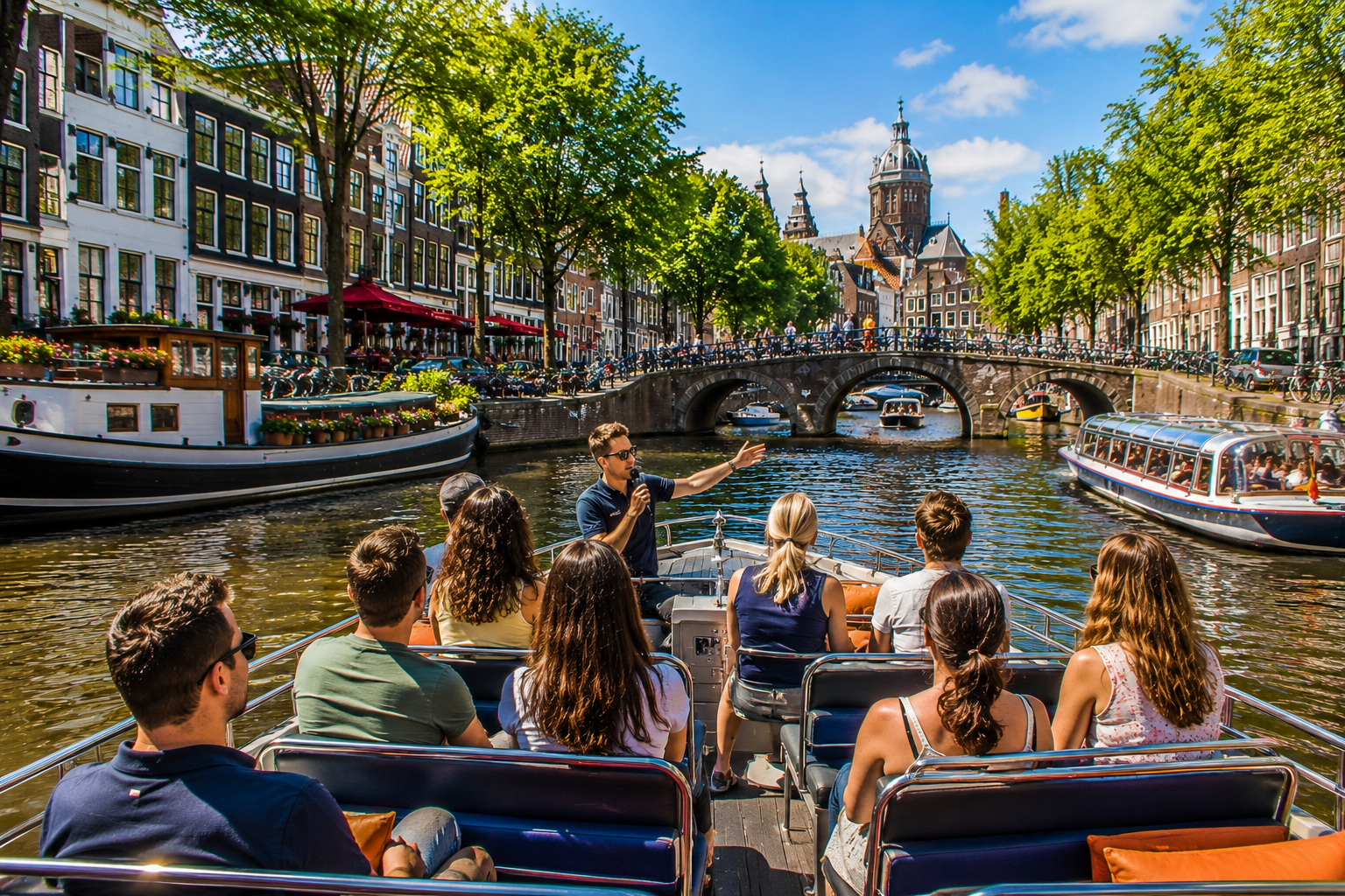 Live guide explaining Amsterdam sights to passengers on an open boat canal cruise.